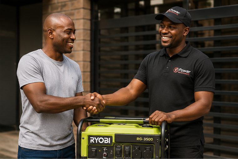 Power Mechanics technician handing over a serviced generator to a happy customer