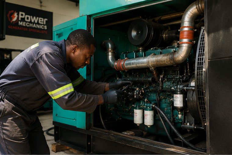 Power Mechanics technician repairing a diesel generator engine onsite